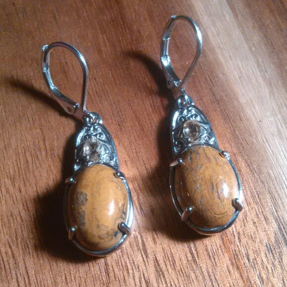 Script Stone and Brazilian Citrine Stainless Steel Lever Back Earrings - Picture 2 of 11